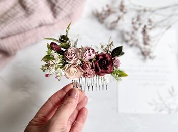 Pink And Burgundy Floral Hair Comb, 2 of 4