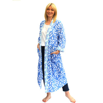 Full Length Cotton Kimono In China Blue Leaf Pattern, 4 of 4