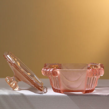 Vintage Glass Art Deco Trinket Pot Frosted Pink, 2 of 3