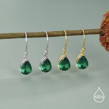 Sterling Silver Emerald Green Pear Cut Cz Drop Earrings, 2 of 11