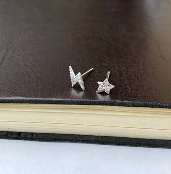 Sterling Silver Mini Textured Lightning Bolt And Star Mismatched Christmas Earrings, 2 of 11