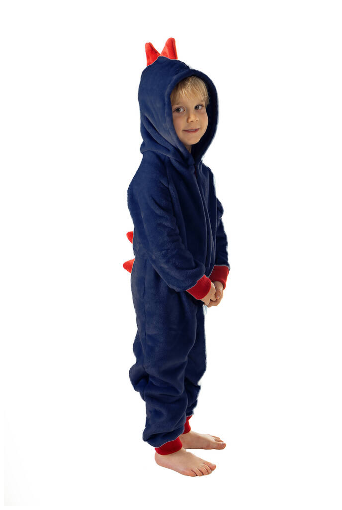 Dinosaur Onesie Navy Blue Super Soft Fleece With Red Spikes, 1 of 4