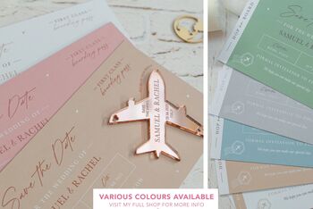 Dusky Pink Wedding Boarding Pass Save The Date With Rose Gold Magnetic Plane, 5 of 6