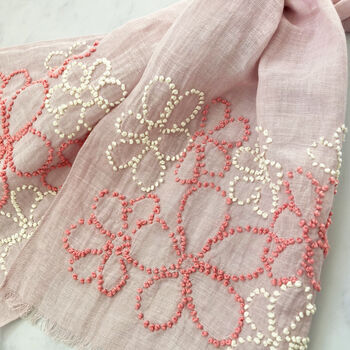 Hand Embroidered 100% Linen Scarf In Pale Pink With French Knot Flower Details, 2 of 4