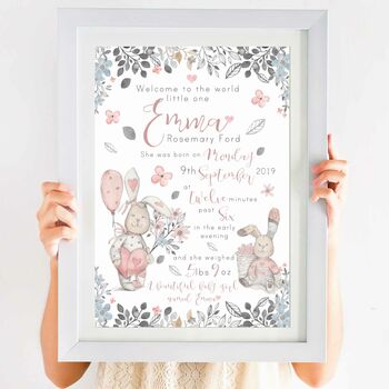 Personalised Keepsake Birth Print Floral Rabbits, 2 of 7