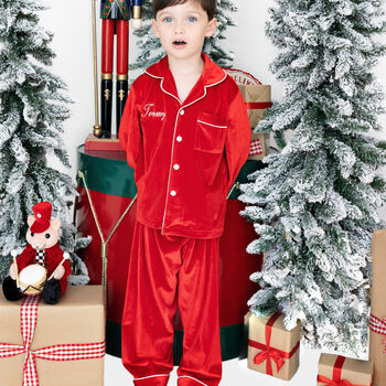 Boys Personalised Christmas Red Velvet Pyjamas, 2 of 3