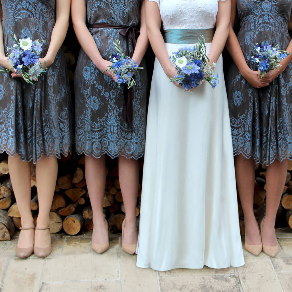 Winter Blue And Chocolate Lace Bridesmaid Dresses, 1 of 8