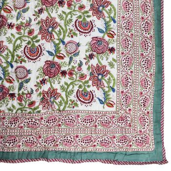 Turquoise, Pink And Burgundy Floral Indian Block Printed Cotton Bed Quilt, 9 of 9