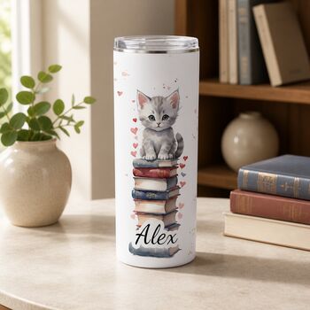 Personalised Cats And Books Insulated Hot Cold Cup Water Bottle Tumbler Style, 6 of 7
