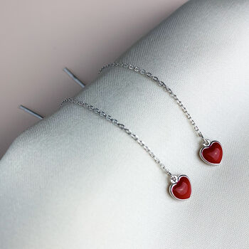 Sterling Silver Tiny Red Heart Threader Earrings, 3 of 5