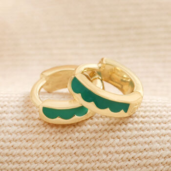 Green Enamel Scalloped Huggie Hoop Earrings In Gold, 2 of 4