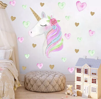 Pink Unicorn And Hearts, Kid’s Room, Wall Stickers, 2 of 2