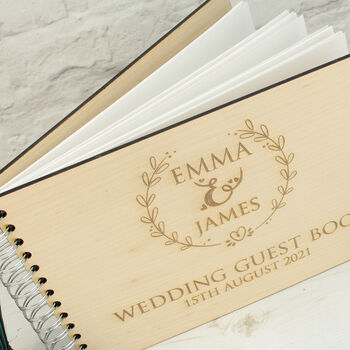 Personalised Wooden Engraved Wreath Wedding Guest Book, 5 of 6