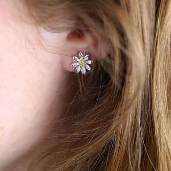 Two Tone Daisy Flower Stud Earrings In Sterling Silver, 4 of 12