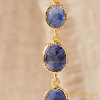 Blue Sapphire Cabuchon Triple Stone Drop Gold Silver Earrings, 5 of 9