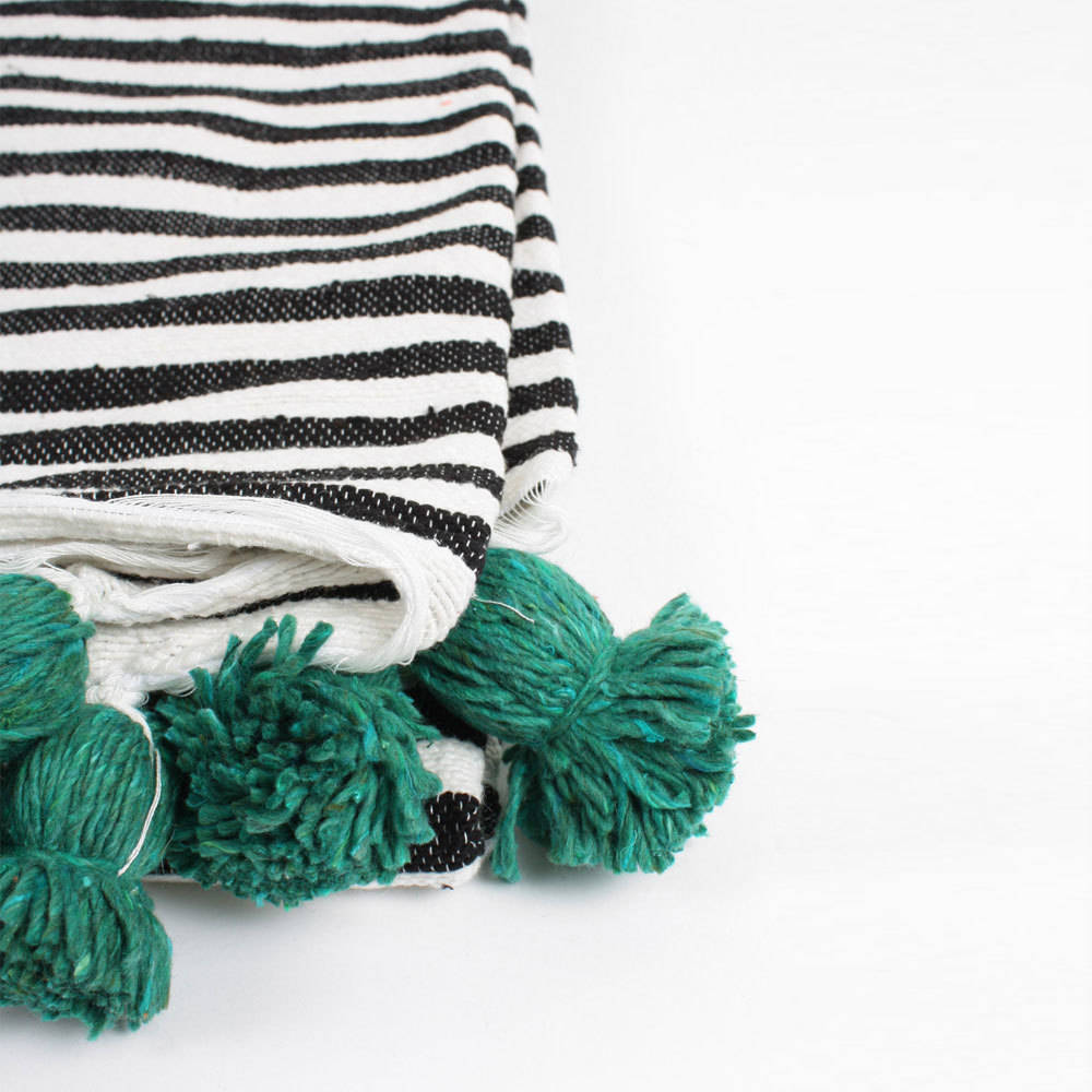 Handwoven Cotton Stripe Pom Pom Blanket, Green Poms By Bohemia