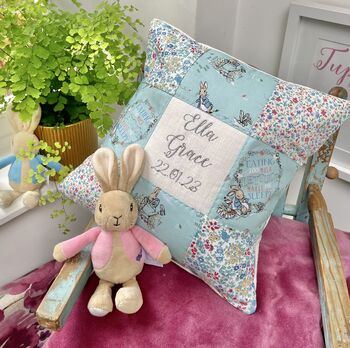 Peter Rabbit Name And Date Cushion Mint And Floral, 2 of 9