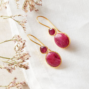 Ruby Cabochon Gold Plated Silver Double Drop Earrings, 7 of 11