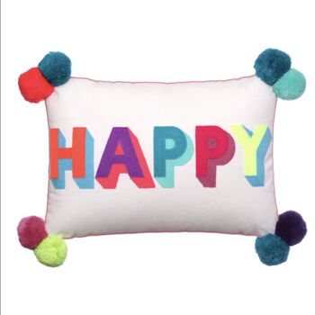 Embroidered Bright Happy Pom Pom Cushion, 3 of 8
