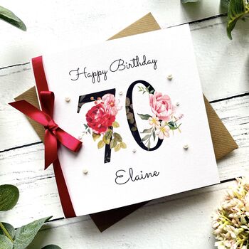 Personalised 70th Birthday Card, With Large Floral Number And Bow, 3 of 5