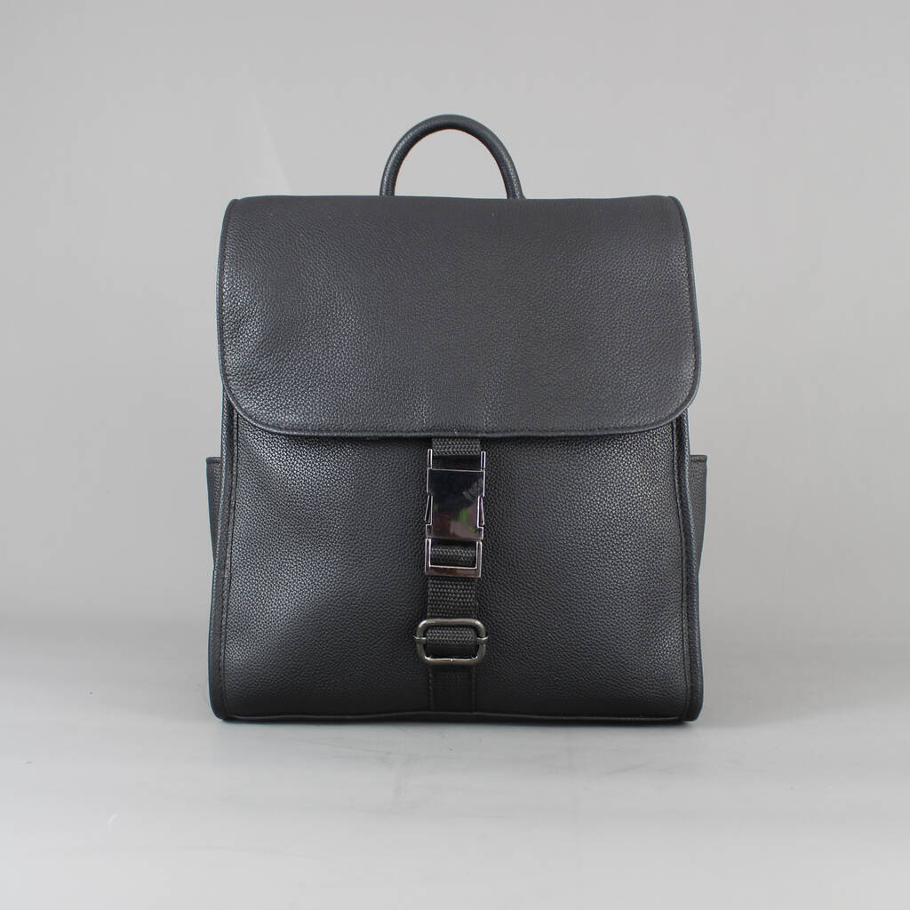 Black Leather Day Backpack With Gunmetal Zip, 1 of 7