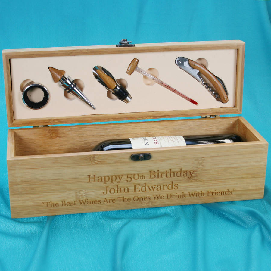 personalised wooden wine bottle box with accessories by