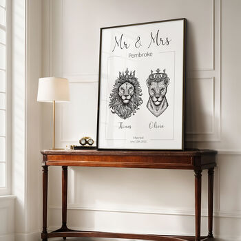 Personalised Mr And Mrs Print Royal Lion Portraits Wall Art, 2 of 7