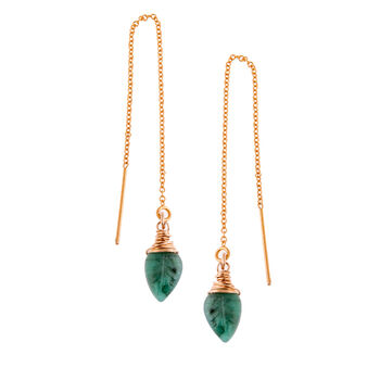 Emerald Gemstone Leaf Threader Earrings, 4 of 5