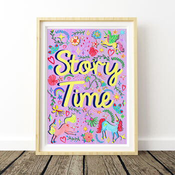 Purple Story Time Print – Nursery Wall Art With Unicorns, Stars, Flowers And Books For Girls’ Bedroom Or Reading Nook, 6 of 7