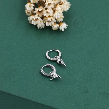 Sterling Silver Mismatched Bull Skull And Bird Skull Hoop Earrings, 8 of 12
