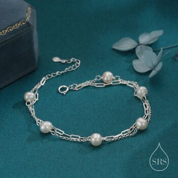 Sterling Silver Two Layer Natural Pearl Beaded Bracelet, 2 of 12