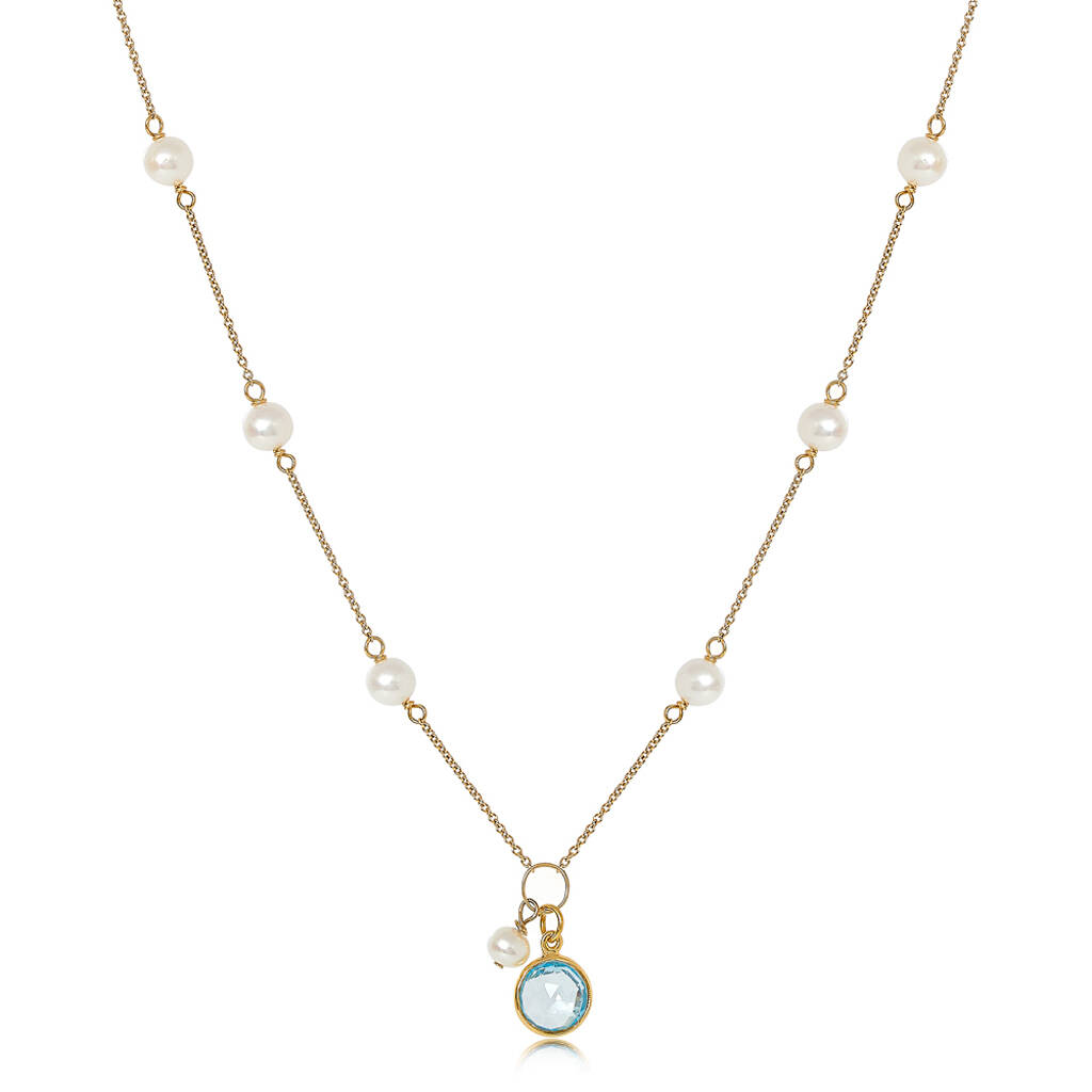 Gold Necklace With Small Pearls And Blue Topaz Drop