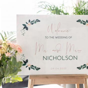 Floral Garland Wedding Welcome Sign In White Acrylic, 3 of 4