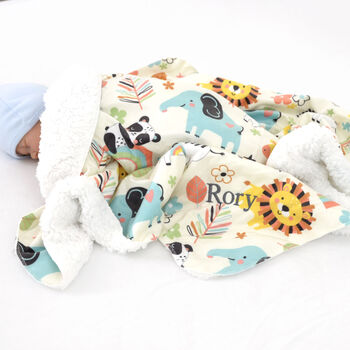 Personalised White Baby Gown And Jungle Blanket Set, 2 of 12