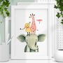 Playful Giraffe And Bird On Elephant Childrens Wall Art, thumbnail 1 of 2