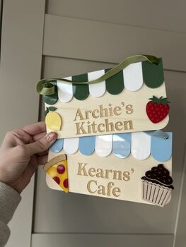 Personalised Wooden Play Kitchen Market Shop Cake Sign Montessori Pretend Play Accessory, 3 of 3