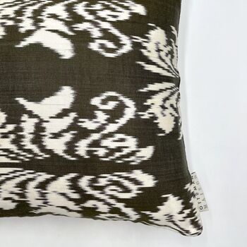 Square Ikat Silk Cushion Olive Green Abstract, 3 of 8