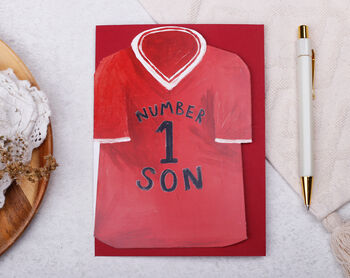 Football Number One Son Birthday Card With Blue Or Red T Shirt Design, 6 of 8