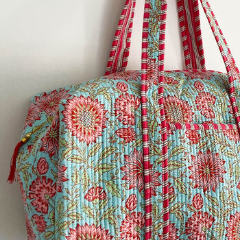 Weekend Duffle Bag | Blue And Pink Flower Block Print, 3 of 5