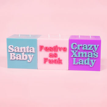 Festive As Fuck Pastel Pink And Red Christmas Cube Candle, 2 of 2