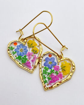 Pressed Flowers Heart Drop Earrings Small Hand Made, 5 of 10