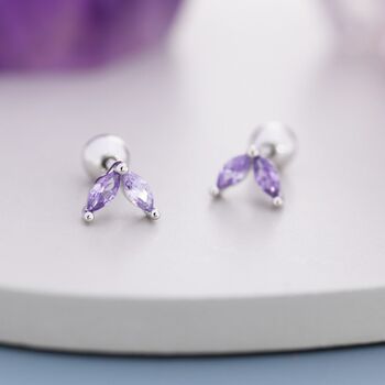Amethyst Purple Cz Marquise Leaf Duo Barbell Earrings, 3 of 10