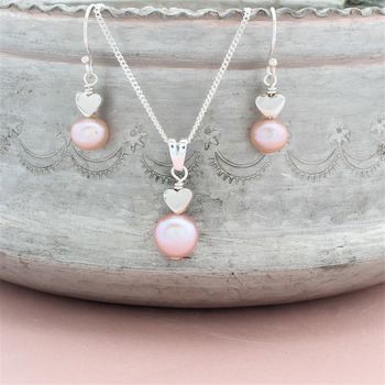 Silver Heart And Pearl Pendant And Drop Earrings Set, 3 of 10