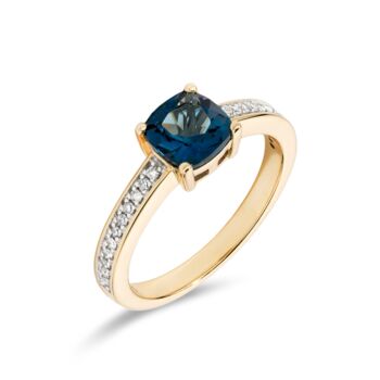 Yellow Gold Cushion Blue Topaz And Diamond Ring, 2 of 4