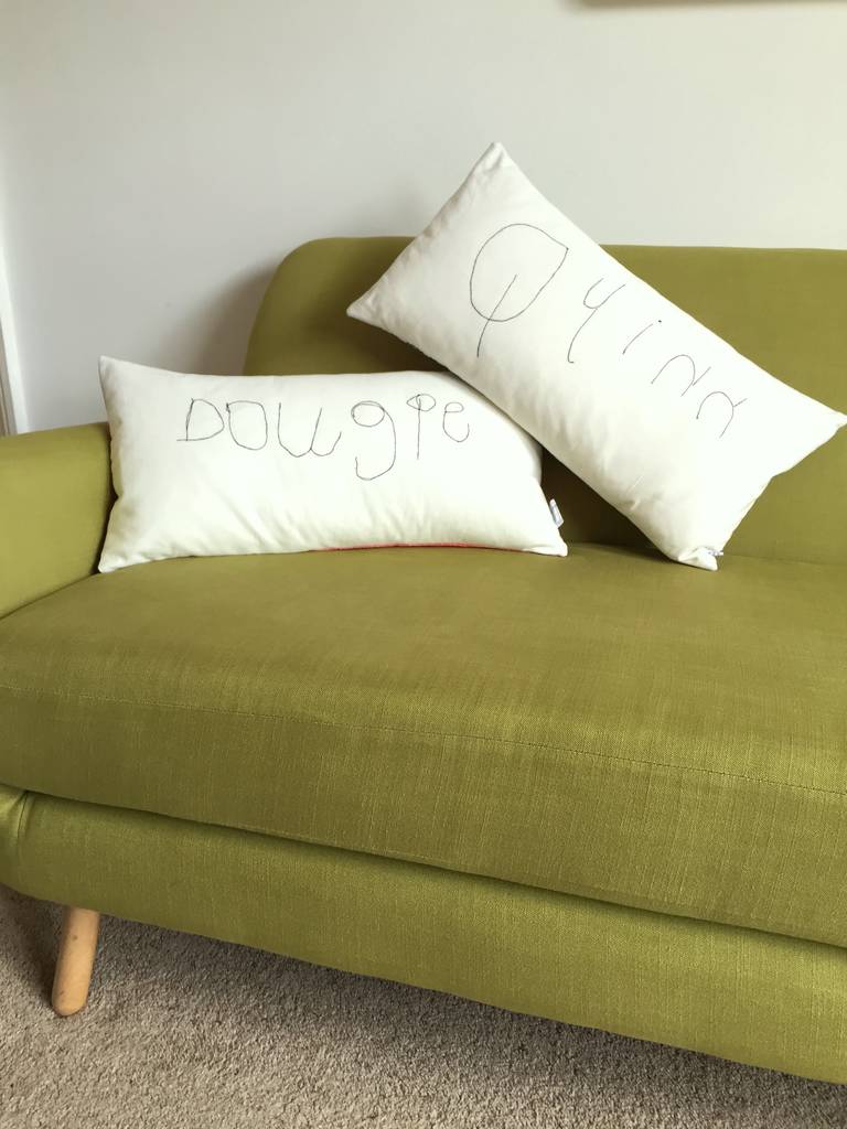 your child's first hand writing on a cushion by kay buckley designs