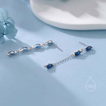 Asymmetric Sapphire Blue Cz Dangle Drop Stud Earrings, 6 of 12