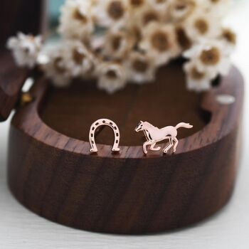 Tiny Mismatched Running Horse And Horseshoe Stud Earrings In Sterling Silver, 5 of 12