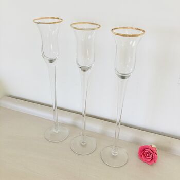 Set Of Three Vintage Tall Glass Candlesticks, 3 of 8
