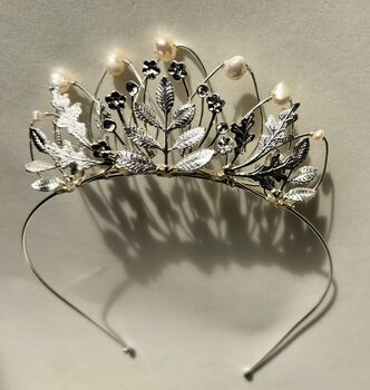 The Agatha Mini Crown Flower Girl Bridal Pearl Oak Leaf Tiara Headband, 11 of 11
