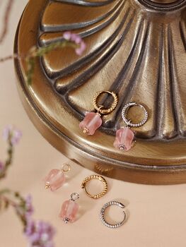 Natural Rose Quartz Lily Twisted Huggie Hoop Earrings, 3 of 10
